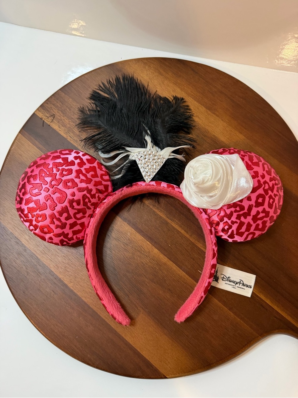 Disney Parks Pink Leopard Foil Flapper Minnie Mouse Ears Feather Rose